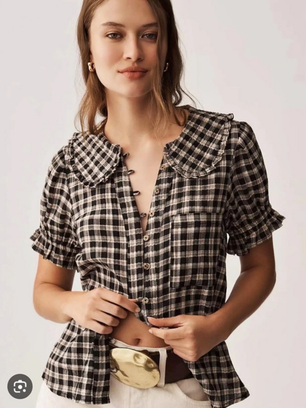 Pilcro The Keira Plaid Blouse Black & Brown Medium